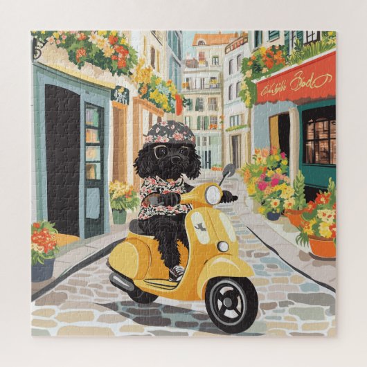 Schwarzer Doodle fährt mit Roller durch europäisch Puzzle (Vertikal)