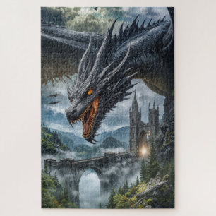 Schwarzer Drache bewacht ein gotisches Bergschloss Puzzle