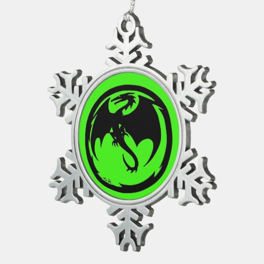 Schwarzer Drache Grüne Zinnschneeflocke Schneeflocken Zinn-Ornament (Rechts)
