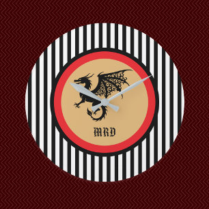 Schwarzer Drache mit Monogramm in schwarz-weißen S Große Wanduhr