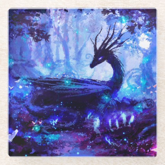 Schwarzer Drache, Nachtwaldszene. Glasuntersetzer (Vorderseite)