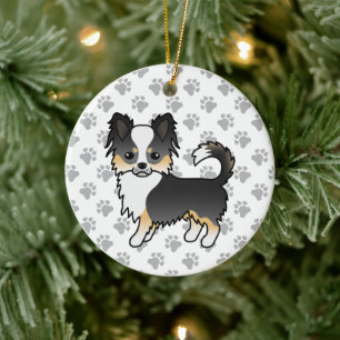 Schwarzer Dreifarben-Langhaar-Chihuahua-Hund & Pfo Keramik Ornament