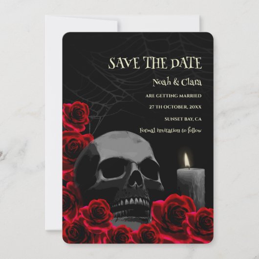 Schwarzer Dunkelgotischer Schädel und Rose Hallowe Save The Date (Vorderseite)