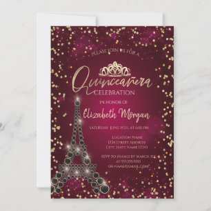 Schwarzer Eiffelturm, Diamanten Burgunder Quinceañ Einladung