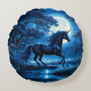 Schwarzer Einhorn Fantasy Vollmond Rundes Kissen