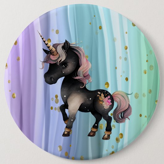 Schwarzer Einhorn Lila-Rosa-Schwanz Button (Vorderseite)
