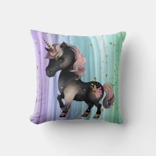 Schwarzer Einhorn Lila-Rosa-Schwanz Kissen