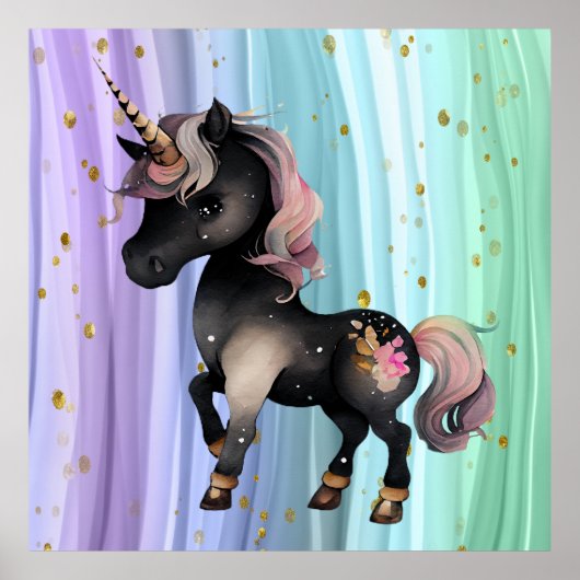 Schwarzer Einhorn Lila-Rosa-Schwanz Poster (Vorne)