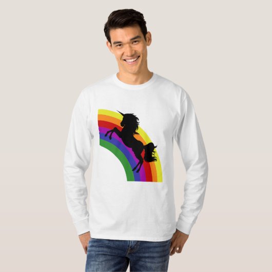 Schwarzer Einhorn-Silhouette-Regenbogen Männer-Lan T-Shirt (Vorne ganz)