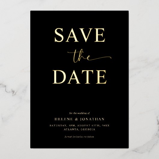 Schwarzer Eleganter Chic Save the Date Minimalisti Folieneinladung (Vorderseite)