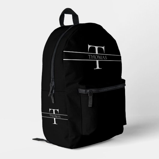 Schwarzer Eleganter Personalisierter Mit Monogramm Bedruckter Rucksack (Rückseitige Ecke links)