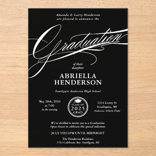 Schwarzer Eleganter und formaler Script-Abschluss Acryleinladungen (Vorderseite)