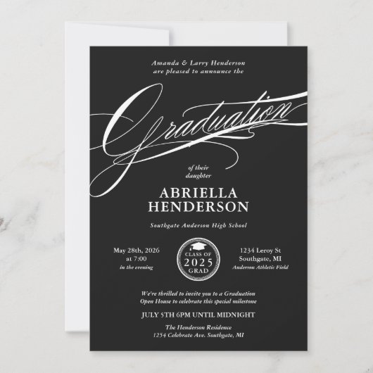 Schwarzer Eleganter und formaler Script-Abschluss Einladung (Vorderseite)