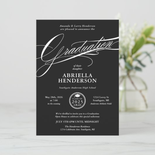 Schwarzer Eleganter und formaler Script-Abschluss Einladung (Stehend Vorderseite)