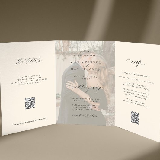 Schwarzer Elfenbein-Foto-Hochzeits-RSVP-Details-QR Dreifach Gefaltete Einladung