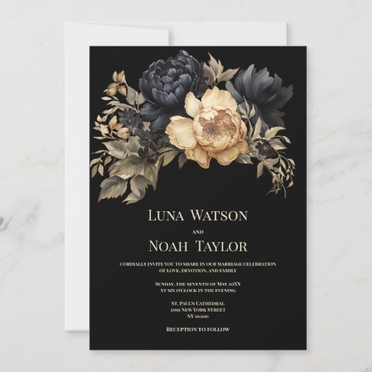 Schwarzer Elfenbeinblütenblütler Hochzeit Einladung (Vorderseite)