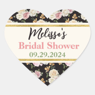 Schwarzer, elfenbeinfarbener, goldener Blumenstrau Herz-Aufkleber