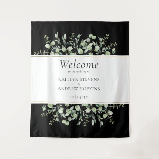 Schwarzer Eukalyptus Wedding Welcome Wandteppich (Vorderseite)