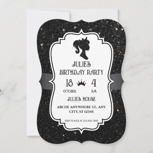 Schwarzer Extravaganter Glitzer Funkelpuppe Geburt Einladung (Vorderseite)