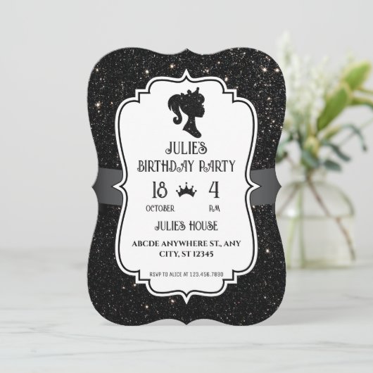 Schwarzer Extravaganter Glitzer Funkelpuppe Geburt Einladung (Stehend Vorderseite)