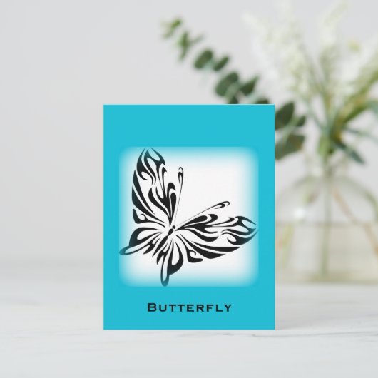 Schwarzer extravaganter Schmetterling mit hellblau Postkarte (Stehend Vorderseite)