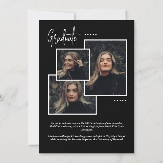 Schwarzer Extravaganter Script Foto Collage Abschl Ankündigung (Rückseite)