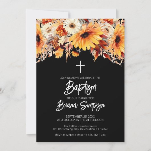 Schwarzer Fall Blumentaufe Einladung (Vorderseite)