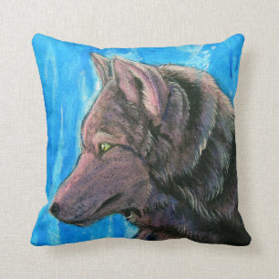 Schwarzer Fantasie-Wolf auf blauem Kissen