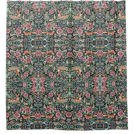 Schwarzer Fantasy-Wald Waldland Tier Hübsche Blüte Duschvorhang (Vorderseite)