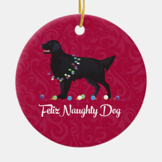 Schwarzer Flat Coated Retriever Feliz Naughty Dog Keramik Ornament (Vorne)