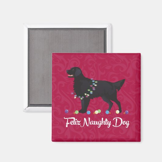 Schwarzer Flat Coated Retriever Feliz Naughty Dog Magnet (Vorderseite/Rückseite)