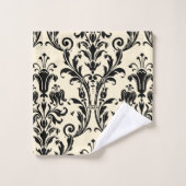 Schwarzer Floral Damask auf Creamy Beige Vanilla Badhandtuch Set (Waschlappen)