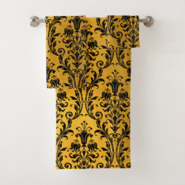 Schwarzer Floral Damask auf Gold Badhandtuch Set