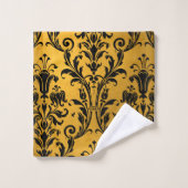 Schwarzer Floral Damask auf Gold Badhandtuch Set (Waschlappen)