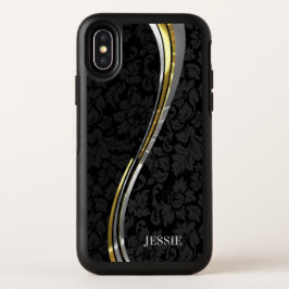 Schwarzer Floral Damask Silver Gold Wavy Strips OtterBox Symmetry iPhone X Hülle