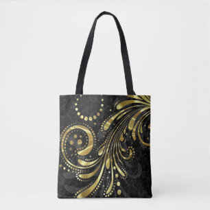 Schwarzer Floral Damask und Goldrausch Tasche