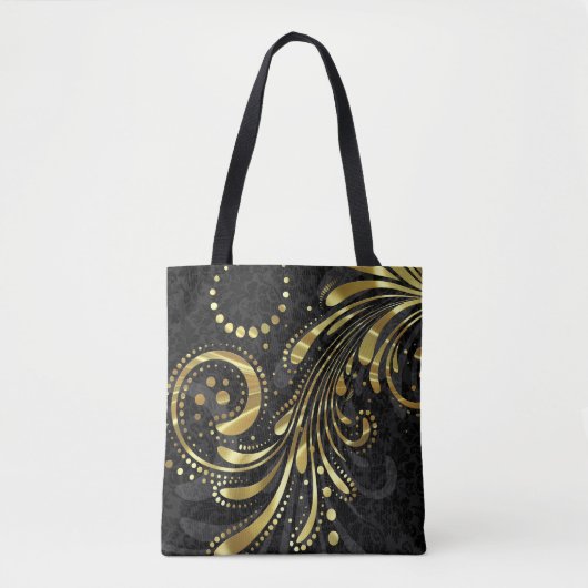 Schwarzer Floral Damask und Goldrausch Tasche (Vorderseite)