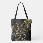 Schwarzer Floral Damask und Goldrausch Tasche (Rückseite)