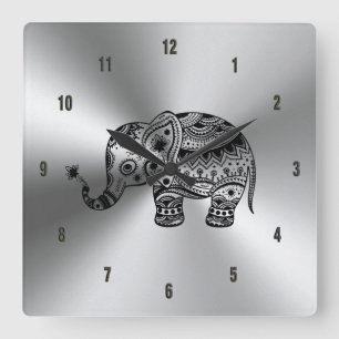 Schwarzer Floral Elephant Metallic Silver Quadratische Wanduhr
