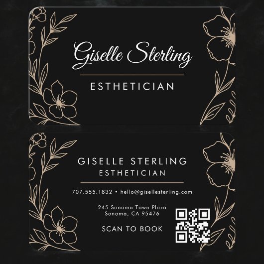 Schwarzer Floral Esthetiker QR Code Visitenkarte