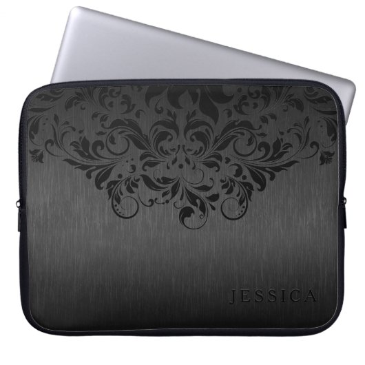 Schwarzer Floral Lace grau Metallic Hintergrund Laptopschutzhülle (Vorderseite)