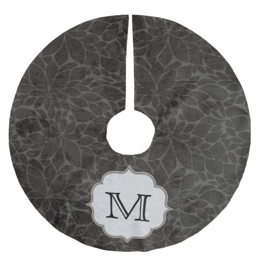 Schwarzer Floral Leaf Tree Monogram, Initial Tree Polyester Weihnachtsbaumdecke (Vorderseite)