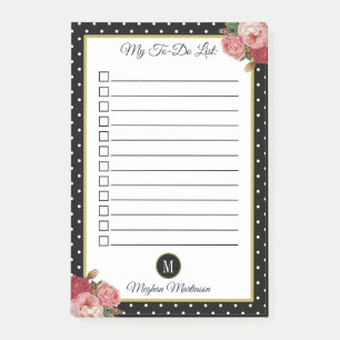 Schwarzer Floral-Monogramm-Polka-Dosenname zur Lis Post-it Klebezettel