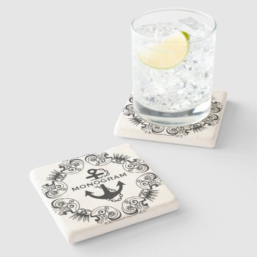 Schwarzer Floral Rahmen & Nautical Anchor monogram Steinuntersetzer (Seitenansicht)