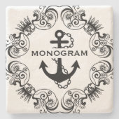 Schwarzer Floral Rahmen & Nautical Anchor monogram Steinuntersetzer (Vorderseite)