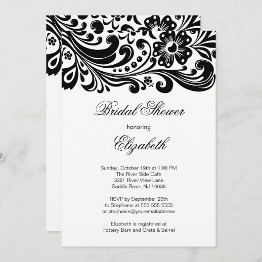 Schwarzer Floral Swirl Bridal Dusche Einladung for (Vorne/Hinten)