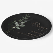 Schwarzer formaler Minimal-Eukalyptus-Cheers Hochz Pappteller (Schrägansicht)