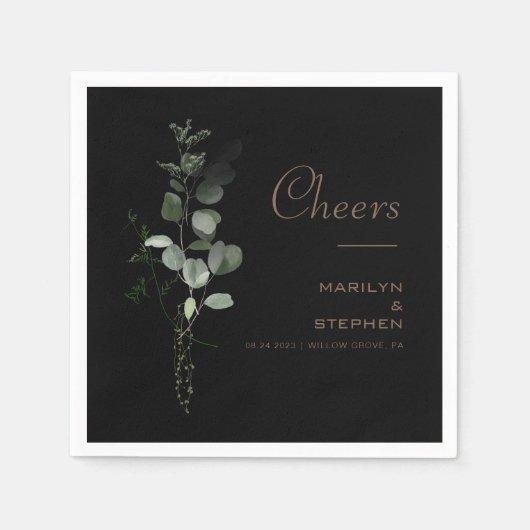 Schwarzer formaler Minimal-Eukalyptus-Cheers Hochz Serviette (Vorderseite)