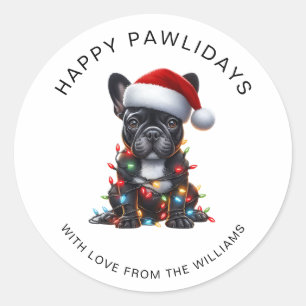 Schwarzer Französische Bulldogge in Weihnachtslich Runder Aufkleber