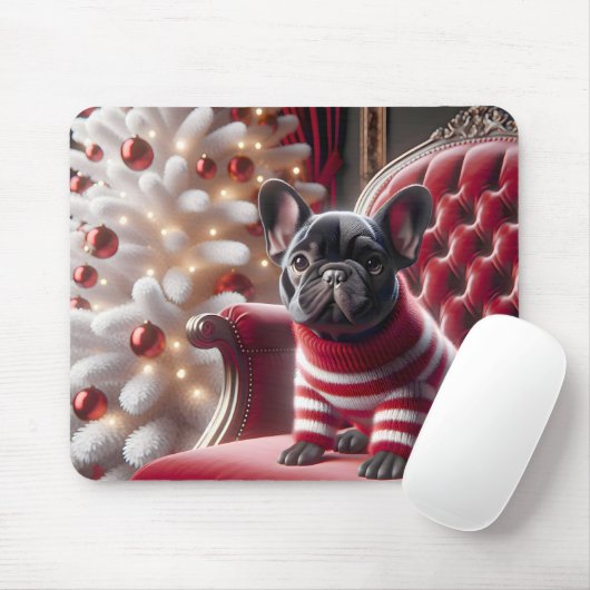 Schwarzer französischer Bulldog auf rotem Stuhl Mousepad (Mit Mouse)